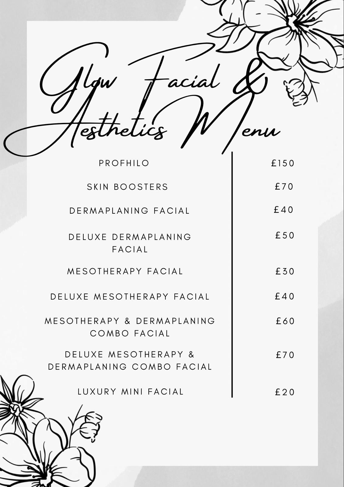 Glow Facial & Aesthetics printed menu
