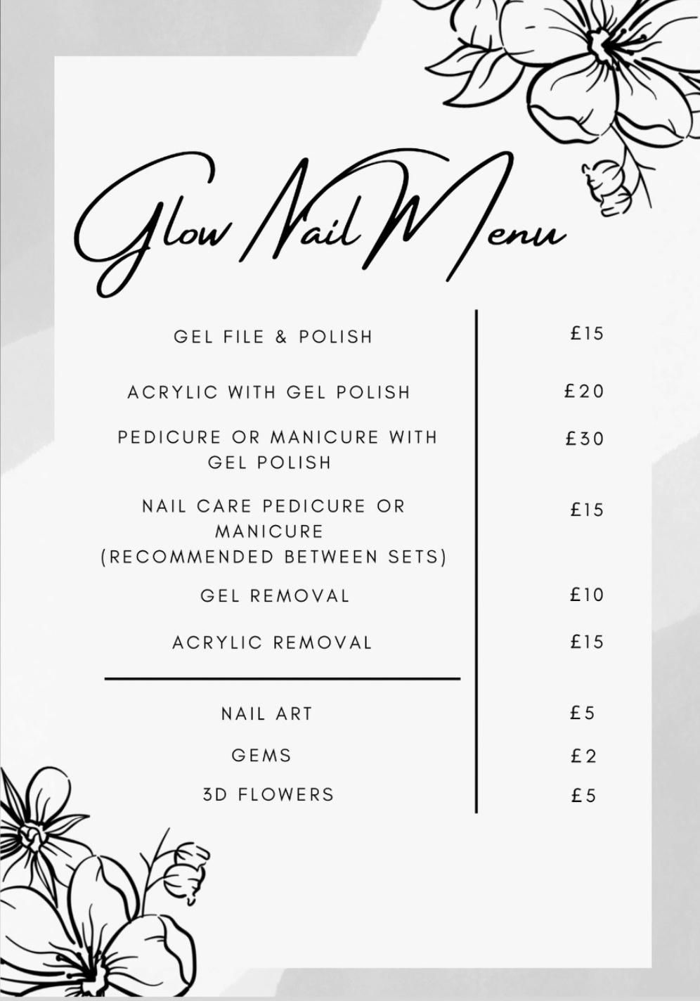 Glow Nail printed menu